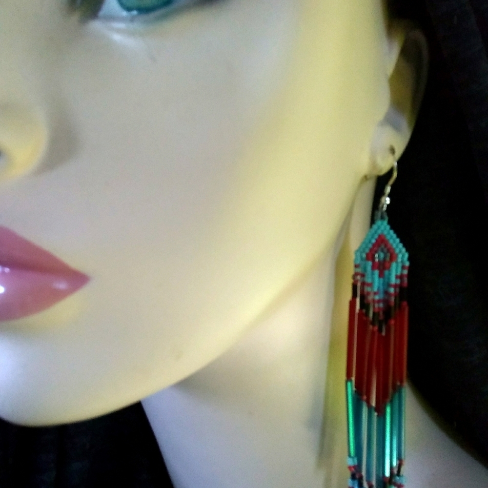 Beaded Handmade Long Fringe Red Blue Petit Earrings - Picture 2 of 6